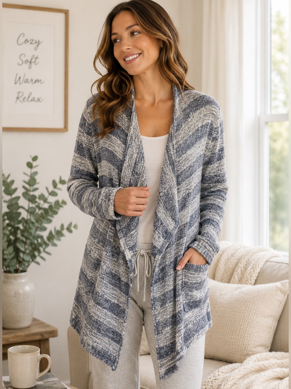 Barefoot Dreams Bamboo Chic Lite Calypso Cardigan S/M Blue Gray Striped Duster
